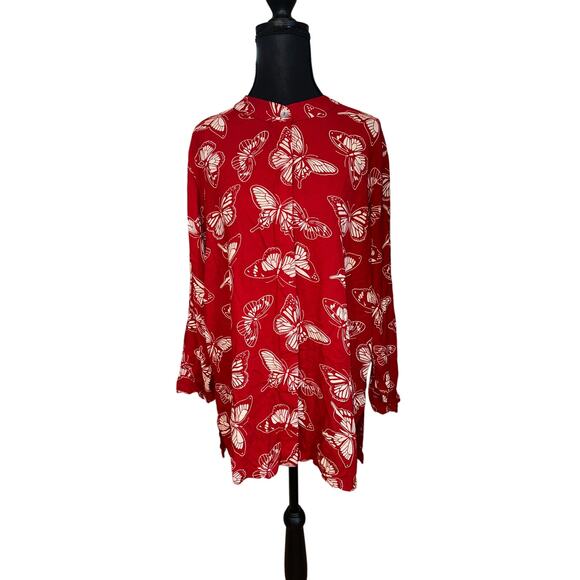 Butterfly Print Tunic Long Sleeve Casual Rayon Blouse Red‎ Bohemian Size XL USA - Picture 1 of 8